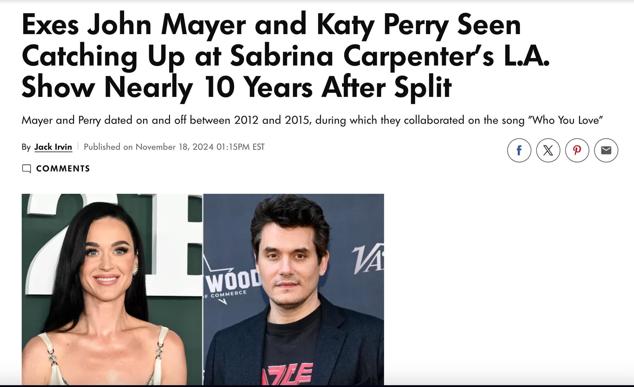 People Magazine: Exes John Mayer and Katy Perry Seen Catching Up at Sabrina Carpenter's L.A. Show Nearly 10 Years After Split