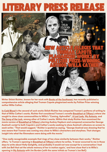 PRESS RELEASE:WRITER SHILOH RICHTER, KNOWN FOR HER WORK WITH BOOKS OF THE SOUTHWEST, HAS RECENTLY PUBLISHED A COMPREHENSIVE ARTICLE ALLEGING THAT TRUMAN CAPOTE PLAGIARIZED WORKS BY PULITZER PRIZE-WINNING AUTHOR WILLA CATHER