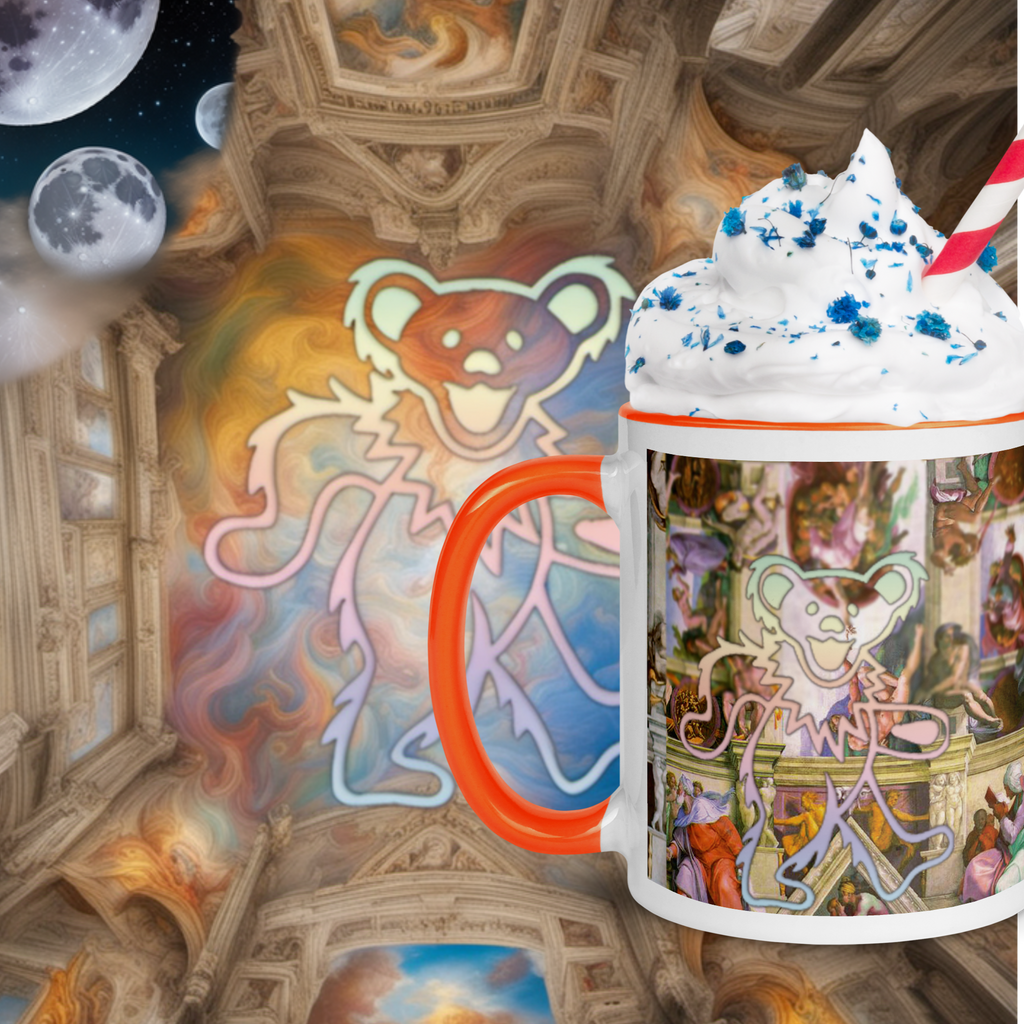 Pointing at the Moon Sistine Ceiling Dancing Bear mug with color inside